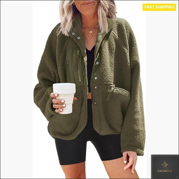 Oversized Fuzzy Fleece Jacket Sherpa Button Down Winter Warm Casual Outwear